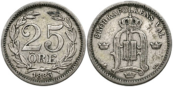 Швеция 25 эре 1883 EB, Оскар II (1872-1907) король Швеции и Норвегии, проба 600 KM 739 серебро 4549-1116