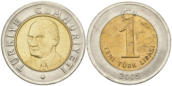 Турция 1 новая лира 2005 KM 1169 биметалл 4610-1142