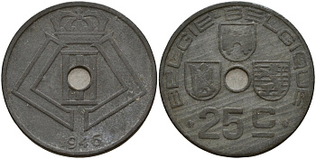 Бельгия 25 сантимов 1946 Belgie - Belgique, Леопольд III (1934-1947), германская оккупация, Вторая мировая война KM 132 цинк 4157-716