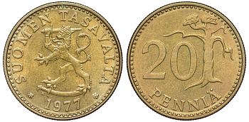 Финляндия 20 пенни 1977 K KM 47 алюминиевая бронза 259-537