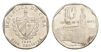 Куба 10 сентаво 1994 форт в Гаване Ла-Фуэрса KM 576.1 сталь плакированная никелем 4644-734