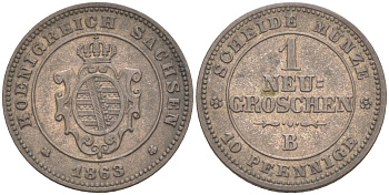 Саксония 1 новый грош 1863 В, Иоганн (1854-1873), Альбертинская линия KM 1219, Jaeger 124, AKS 147 серебро 4384-256