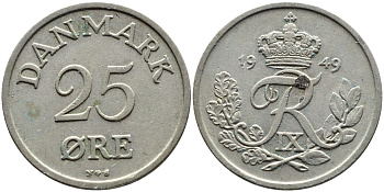 Дания 25 эре 1949 N; S, Фредерик IX (1947-1972) KM 842.1 медно-никель 4391-1235