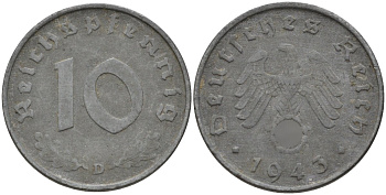 Германия 10 рейхспфеннигов 1943 D KM 101, J. 371 цинк 4151-346