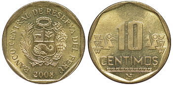 Перу 10 сентимо 2008 KM 305.4 латунь aUNC 4605-616