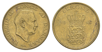Дания 1 крона 1948 N, Фредерик IX (1947-1972) KM 837 алюминиевая бронза 4638-713