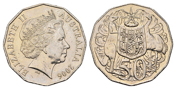 Австралия 50 центов 2006 Елизавета II (1952-2022), герб Австралии, кенгуру KM 404 медно-никель 180-423