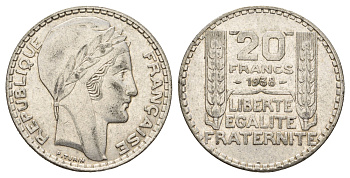 Франция 20 франков 1938 KM 879, Le Franc 400.7 серебро 5010-1115