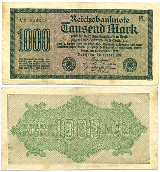 ГЕРМАНИЯ 1000 МАРОК 1922 15 СЕНТЯБРЯ 1922, ВОДЯНОЙ ЗНАК G, БЕЛАЯ БУМАГА Pick 76e бумага 7548-19-3