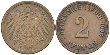 ГЕРМАНИЯ 2 ПФЕННИГА 1906 A KM 16, J. 11, Weege 4 медь 211-514