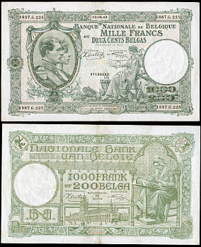Бельгия 1000 франков = 200 бельгас 1943 Pick 110 бумага 451-150-1
