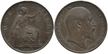 Великобритания 1 пенни 1902 Эдуард VII (1901-1910) KM 794.1, Sp 3990A бронза 32-826