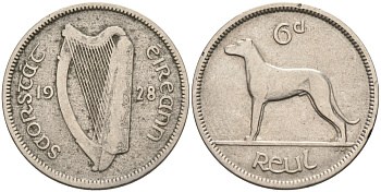 Ирландия 6 пенсов 1928 собака, ирландский волкодав KM 5 никель 202-451
