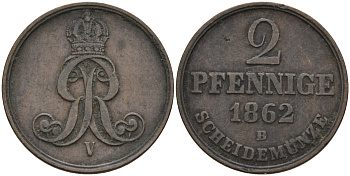 Брауншвейг-Каленберг-Ганновер 2 пфеннига 1862 B, Георг V (1851-1866) KM 234, AKS 153, J. 91 медь 4142-442