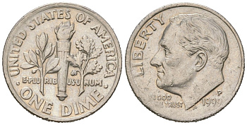 США 10 центов (дайм) 1999 P, президент Рузвельт KM 195a медь плакированная медно-никелем UNC 218-243