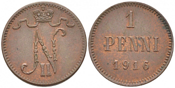 РОССИЯ ДЛЯ ФИНЛЯНДИИ 1 ПЕННИ 1916 НИКОЛАЙ II (1895-1917) KM 13, Биткин 476 медь 211-1048