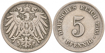 ГЕРМАНИЯ 5 ПФЕННИГОВ 1905 E, KM 11, J. 12 медно-никель 73-1755