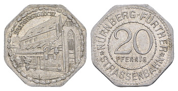 Нюрнберг трамвайный (транспортный) жетон в 20 пфеннигов ND (1920-1921) Братвурст Men05 19256.5, Men18 24102.5 алюминий 3459-535