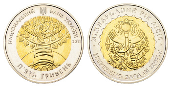 Украина 5 гривен 2011 ФАО - Международный год лесов KM 638 биметалл BU 4666-145