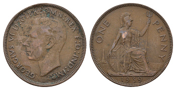 Великобритания 1 пенни 1939 Георг VI (1936-1952) KM 845, Spink 4114 бронза 221-541