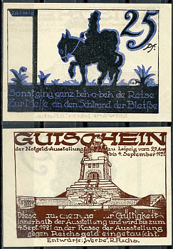 Германия, Лейпциг 25 пфеннигов 1921 нотгельд, итоги I-ой мировой войны Grabowski 784.1 бумага UNC (пресс) 444-97-3-1