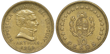 Уругвай 10 песо 1965 KM 48 алюминиевая бронза 69-916