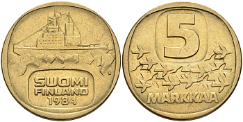 Финляндия 5 марок 1984 N, ледокол Urho KM 57 алюминиевая бронза 4593-916