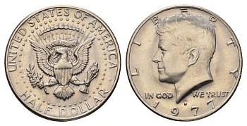 США 1/2 доллара (50 центов) 1977 D, Джон Кеннеди KM A202b медь плакированная медно-никелем UNC 4672-541
