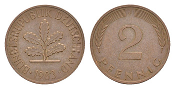 ФРГ 2 пфеннига 1983 J KM 106a, J.381a сталь плакированная медью 4630-1241