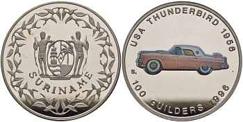 Суринам 100 гульденов 1996 США, Thunderbird 1956, эмаль KM 46 медно-никель PROOF 1069-3-44