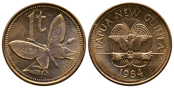 Папуа-Новая Гвинея 1 тойя 1984 бабочка KM 1 бронза UNC 261-521