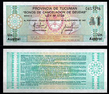 Аргентина, Тукуман 1 аустралей 1985 Pick S2703 (1) бумага UNC (пресс) 451-1202-3