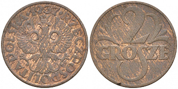 ПОЛЬША 2 ГРОША 1937 w KM 9а бронза 100-455