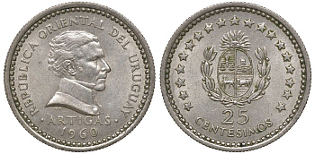 Уругвай 25 сентесимо 1960 KM 40 медно-никель 4169-846