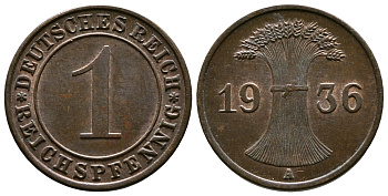 Германия 1 рейхспфенниг 1936 A KM 37, J. 313 бронза 220-145