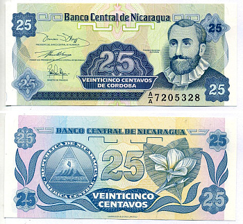Никарагуа 25 сентаво 1991 Франсиско Эрнандес де Кордоба Pick 170 a бумага UNC (пресс) 2196-26-2-2
