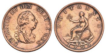 Великобритания 1/2 пенни 1799 Георг III (1760-1820) KM 647, Spink 3778 медь 3711-842