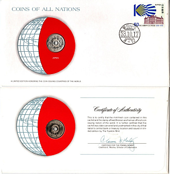 Япония 50 йен 1978 конверт с маркой первого дня гашения, Coins of Nations Y 81 медно-никель UNC 4295-16-3
