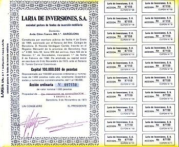 ИСПАНИЯ АЦИЯ НА 1000 ПЕСЕТ 1973 LARIA DE INVERSIONES, S.A., БАРСЕЛОНА 1973, С КУПОНАМИ бумага 5544-34