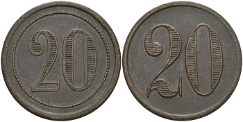 ФРАНЦИЯ 20 САНТИМОВ ND ПЛАТЕЖНЫЙ ЖЕТОН НАЧАЛА XX ВЕКА, ЦИФРЫ НОМИНАЛА 12 ММ., ДИАМЕТР 24 ММ. медь 98-946