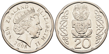 Новая Зеландия 20 центов 2008 Елизавета II (1952-2022), идол Пукаки KM 118а никелированная сталь 4579-1237