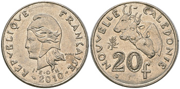 Французская Новая Каледония 20 франков 2010 три быка, (IEOM) KM 12a, Schoen 14a медно-никель 4137-335