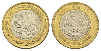 Мексика 10 песо 2007 Мо, бог Тонатиуха с огненной маской KM 616 биметалл aUNC 4637-725