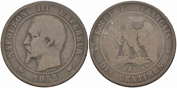Франция 10 сантимов 1855 A, Наполеон III (1852-1870) KM 771.1, Le Franc 133.19 бронза    4680-533