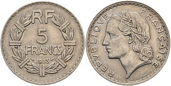 Франция 5 франков 1933 KM 888 никель 4144-346