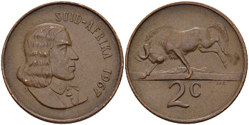 ЮАР 2 цента 1967 Ян ван Рибек (1619-1677), Suid Africa, легенда на африкаанс, антилопа гну KM 66.2 бронза aUNC 67-313