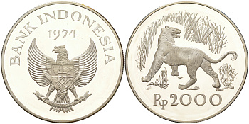 Индонезия 2000 рупий 1974 Яванский тигр, тираж 18000 экз. KM 39a серебро PROOF 1074-2-64