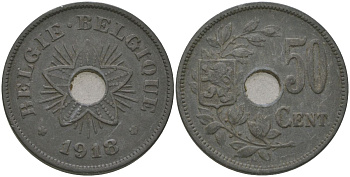 Бельгия 50 сантимов 1918 Альберт I (1909-1934) KM 83 цинк 4620-724