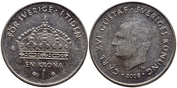 Швеция 1 крона 2005 Карл XVI Густав (1973- ) KM 894 медно-никель 93-533