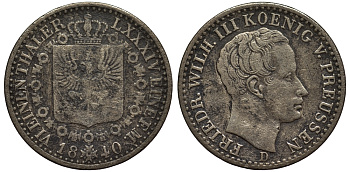 Пруссия 1/6 талера 1840 D, ФРИДРИХ ВИЛЬГЕЛЬМ III (1797-1840) KM 411 серебро 00-00